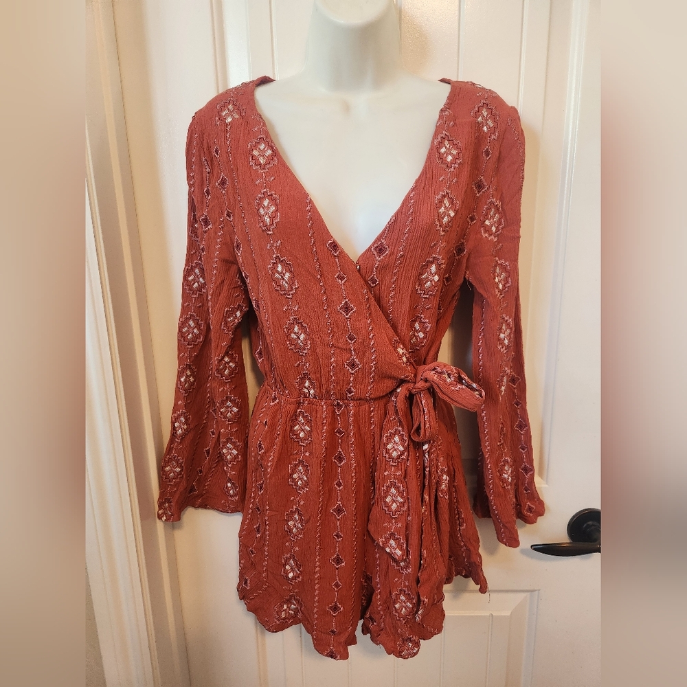 Miami Boho Chic Long Sleeve Rusty SouthWestern Gauzy Wrap Romper | Sz M |